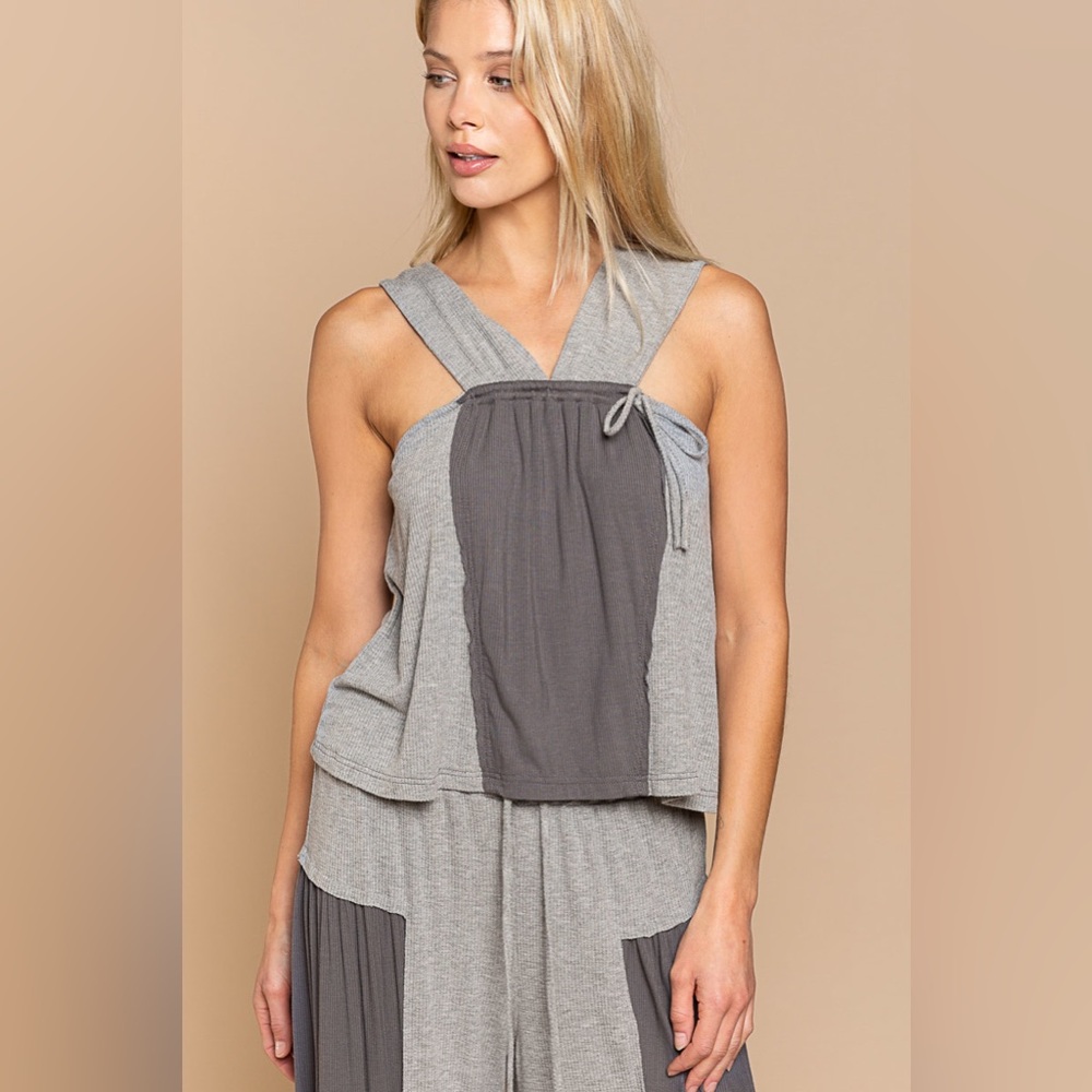 POL Gray Colorblock Halter Tank Top Thick Straps - Picture 1 of 6
